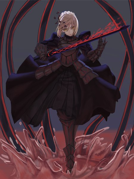 Anime picture 1324x1764 with fate (series) fate/grand order artoria pendragon (all) saber alter tesin (7aehyun) single tall image fringe short hair blonde hair hair between eyes standing holding yellow eyes payot full body braid (braids) grey background floating hair looking down