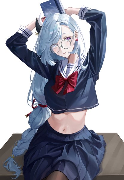 Anime picture 4826x6969 with genshin impact shenhe (genshin impact) shupami single tall image fringe highres simple background white background looking away absurdres silver hair braid (braids) hair over one eye arms up midriff single braid silver eyes girl uniform