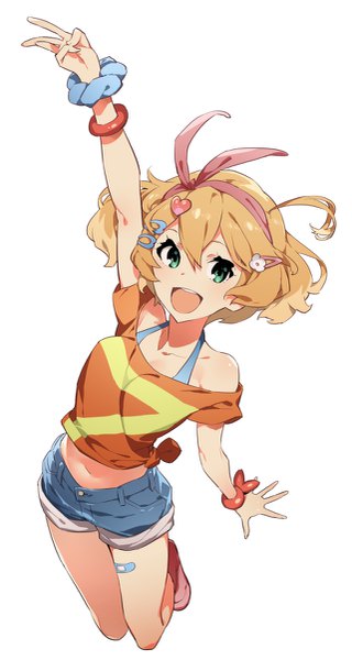 Anime picture 641x1200 with macross macross delta freyja wion tatsuwo single tall image looking at viewer fringe short hair open mouth simple background blonde hair hair between eyes white background bare shoulders green eyes full body :d arm up from above