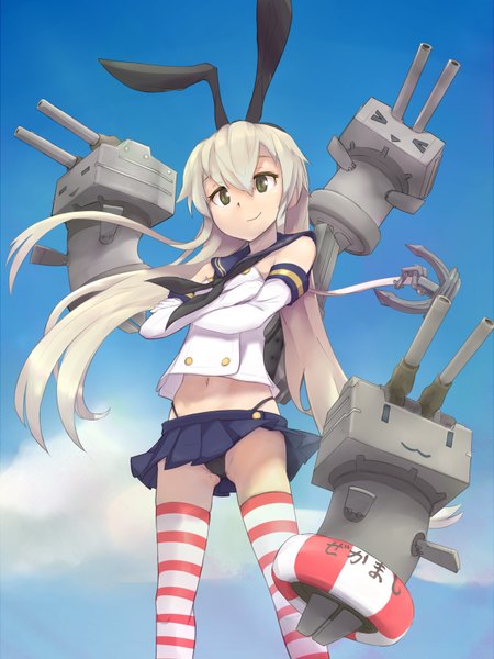 Anime picture 1200x1600 with kantai collection shimakaze destroyer rensouhou-chan nanjin single long hair tall image looking at viewer light erotic blonde hair smile green eyes sky cloud (clouds) wind from below ass visible through thighs crossed arms girl thighhighs