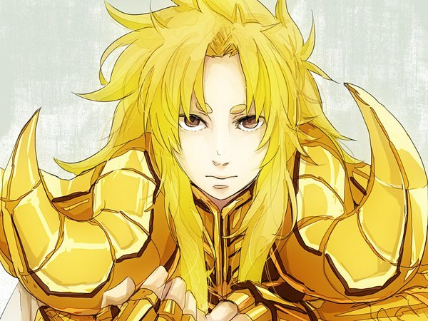 Anime picture 800x600 with saint seiya saint seiya: the lost canvas toei animation aries shion hyr(ntm) single long hair looking at viewer simple background blonde hair brown eyes horn (horns) grey background portrait eyebrows boy uniform armor