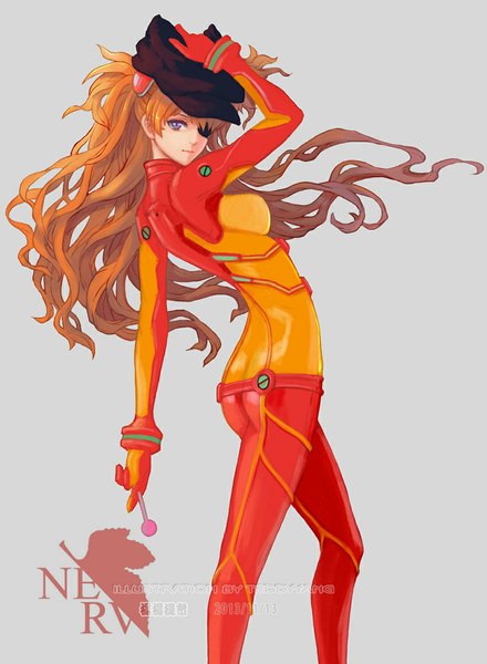 Anime picture 837x1142 with neon genesis evangelion rebuild of evangelion evangelion: 2.0 you can (not) advance evangelion: 3.0 you can (not) redo gainax soryu asuka langley teddy yang single long hair tall image looking at viewer blue eyes simple background looking back wind orange hair grey background turning head watermark hand on head