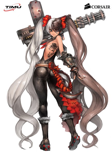 Anime picture 2480x3425 with blade & soul po hwa ran (blade & soul) kim hyung tae single tall image highres breasts black hair simple background smile white background twintails bare shoulders ass white hair very long hair looking back multicolored hair two-tone hair grey eyes