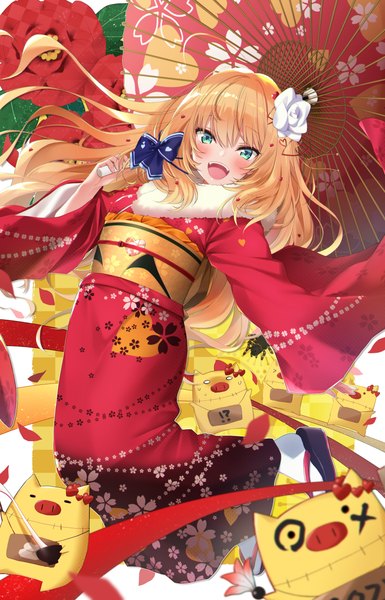 Anime picture 2625x4096 with virtual youtuber hololive akai haato haaton (akai haato) akai haato (4th costume) makinan single long hair tall image looking at viewer blush fringe highres open mouth blonde hair hair between eyes traditional clothes :d japanese clothes aqua eyes