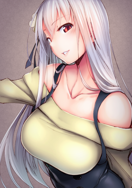 Anime picture 1013x1433 with hidamari sketch shaft (studio) matsuri (hidamari sketch) do (taka) single long hair tall image looking at viewer fringe breasts light erotic simple background smile hair between eyes red eyes large breasts bare shoulders silver hair upper body parted lips