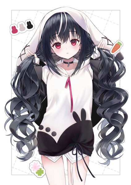 Anime picture 990x1400 with original dabi (dabibubi) single long hair tall image black hair red eyes standing white background payot nail polish multicolored hair streaked hair border wavy hair outside border black nail polish holding hair cute girl