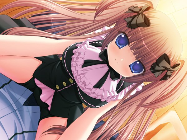 Anime picture 1600x1200 with deliverer! (game) kujou aya long hair blue eyes brown hair twintails game cg loli girl
