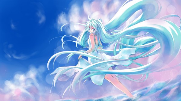 Anime picture 1300x731 with vocaloid hatsune miku kanmori itsuki single looking at viewer fringe wide image twintails bare shoulders holding sky cloud (clouds) ahoge very long hair looking back aqua eyes from behind aqua hair bare legs lens flare