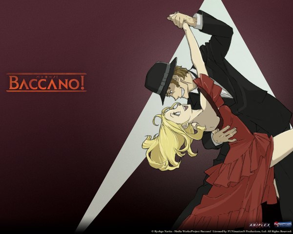Anime picture 1280x1024 with baccano! miria harvent isaac dian open mouth blonde hair smile brown hair bare shoulders brown eyes profile dancing laughing sidewhiskers dress hat shirt bowtie suit red dress