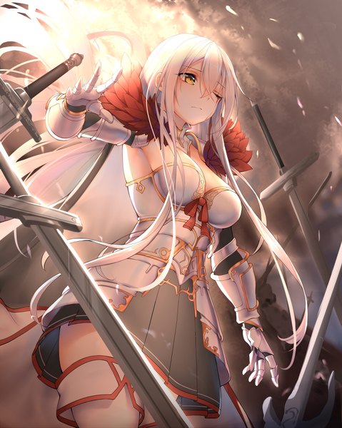Anime picture 2800x3507 with original chixiao single long hair tall image blush fringe highres breasts hair between eyes standing yellow eyes payot looking away sky cleavage cloud (clouds) outdoors white hair pleated skirt
