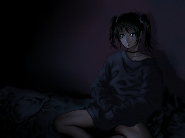 Anime picture 2000x1500 with strike witches francesca lucchini drawfag single highres short hair sitting twintails green eyes green hair night short twintails girl bed sweater