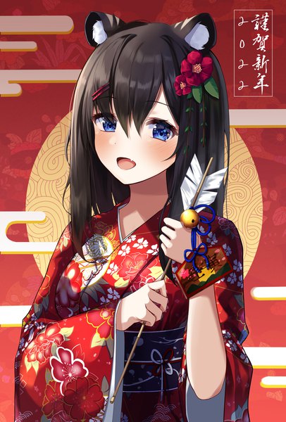 Anime picture 3000x4433 with original kimae single long hair tall image looking at viewer blush fringe highres open mouth blue eyes black hair hair between eyes animal ears upper body traditional clothes :d japanese clothes hair flower floral print