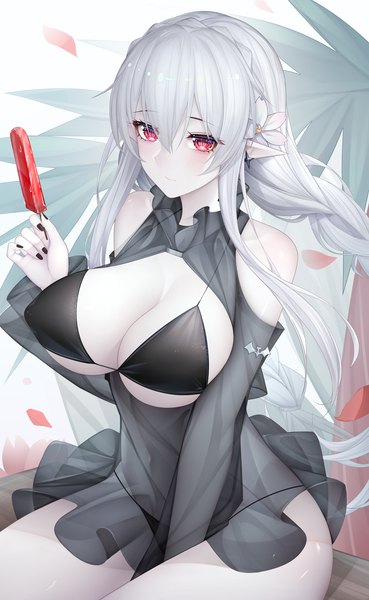 Anime picture 2065x3360 with arknights warfarin (arknights) warfarin (casual vacation) (arknights) binggong asylum single long hair tall image looking at viewer blush highres breasts light erotic simple background red eyes large breasts white background sitting silver hair braid (braids) nail polish
