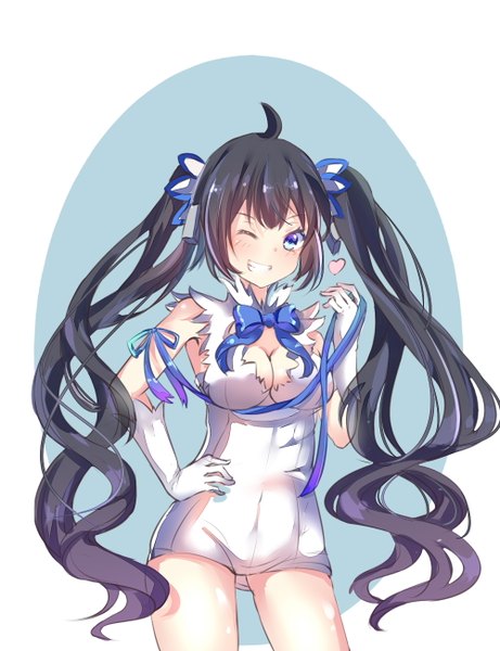 Anime picture 1000x1300 with dungeon ni deai wo motomeru no wa machigatteiru darou ka j.c. staff hestia (danmachi) eiba single long hair tall image looking at viewer blush fringe breasts blue eyes light erotic black hair simple background smile white background twintails holding payot