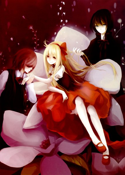 Anime picture 2332x3270 with lumie`re & ombres (artbook) long hair tall image highres short hair blonde hair smile brown hair brown eyes red hair aqua eyes hair over eyes girl dress boy flower (flowers) ribbon (ribbons) hair ribbon hairband