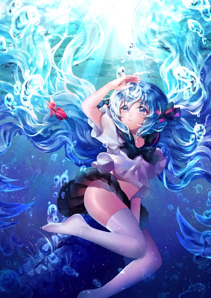 Anime picture 805x1138 with vocaloid hatsune miku bottle miku momoshiki tsubaki single long hair tall image twintails aqua eyes aqua hair underwater liquid hair girl thighhighs skirt bow hair bow white thighhighs serafuku bubble (bubbles)