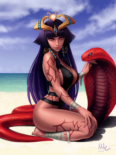 Anime picture 1050x1400 with mamono girl lover monster girl encyclopedia pharaoh (monster girl encyclopedia) pharaoh (mamono girl lover) sciamano240 single long hair tall image looking at viewer fringe breasts light erotic smile red eyes sitting bare shoulders signed sky cleavage purple hair