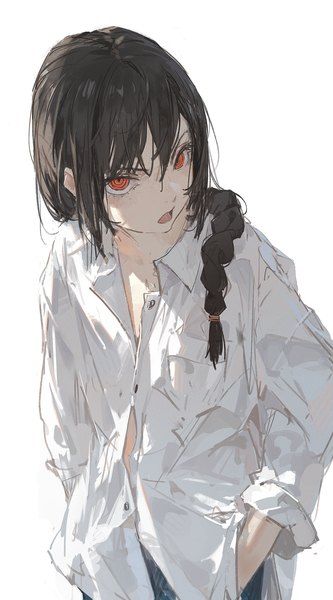 Anime picture 1200x2163 with chainsaw man mappa nayuta (chainsaw man) dino (dinoartforame) single long hair tall image looking at viewer open mouth black hair simple background red eyes white background braid (braids) single braid hand in pocket girl shirt white shirt