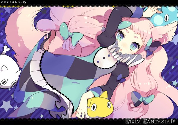 Anime picture 1271x900 with original pixiv fantasia pixiv fantasia iv gin (oyoyo) single long hair blue eyes animal ears pink hair lying girl dress bow hair bow animal star (symbol)