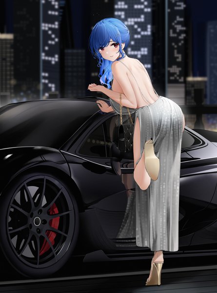 Anime picture 4130x5568 with azur lane st. louis (azur lane) st. louis (luxurious wheels) (azur lane) qing wu single long hair tall image blush highres breasts light erotic red eyes large breasts standing payot blue hair looking away absurdres full body outdoors
