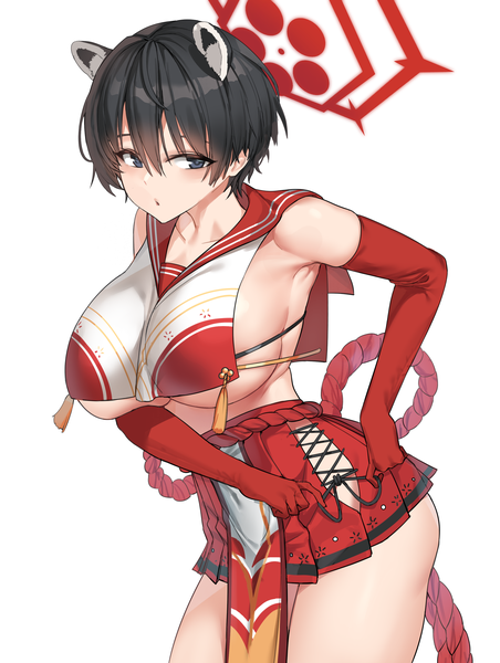 Anime picture 2480x3292 with blue archive tsubaki (blue archive) urrrt single tall image fringe highres short hair breasts light erotic black hair simple background hair between eyes large breasts white background animal ears black eyes :o sideboob underboob