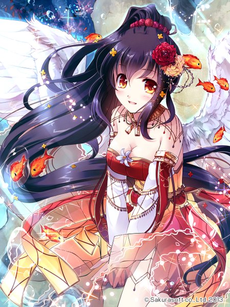 Anime picture 960x1280 with original miyase mahiro long hair tall image blush black hair orange eyes girl dress flower (flowers) detached sleeves wings fish (fishes)