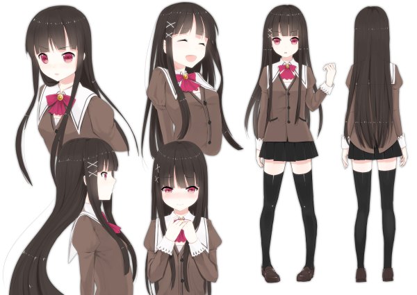 Anime picture 2400x1700 with original kurasawa moko long hair highres black hair simple background red eyes white background multiple persona girl thighhighs uniform black thighhighs school uniform bowtie