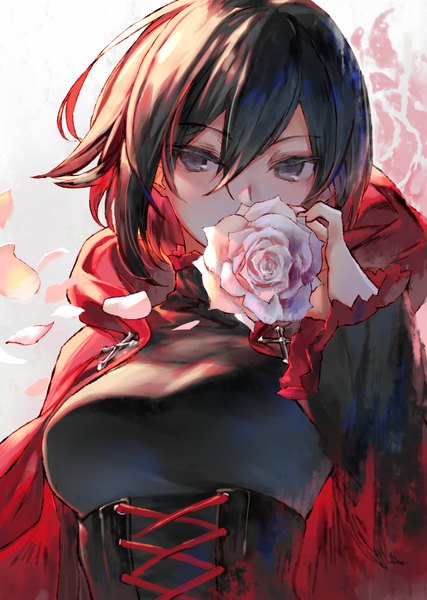 Anime picture 851x1196 with rwby rooster teeth ruby rose ac (eshi) single tall image looking at viewer fringe short hair breasts black hair hair between eyes upper body long sleeves multicolored hair two-tone hair grey eyes lacing covered mouth girl