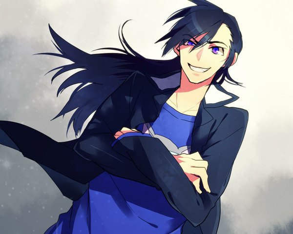 Anime picture 1280x1024 with precure smile precure! wolf runtarou anko (pixiv 1997346) single long hair looking at viewer black hair smile purple eyes blue hair wind grey background grin winter crossed arms boy shirt
