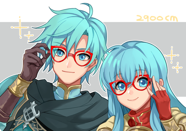 Anime picture 850x600 with fire emblem fire emblem: the sacred stones eirika ephraim 2900cm long hair looking at viewer fringe short hair smile hair between eyes signed ahoge aqua eyes aqua hair adjusting glasses bespectacled brother and sister girl boy