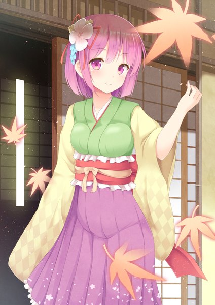 Anime picture 1447x2047 with touhou hieda no akyuu aibumi single tall image looking at viewer blush fringe short hair purple eyes purple hair traditional clothes japanese clothes hair flower light smile girl flower (flowers) leaf (leaves) maple leaf sliding doors
