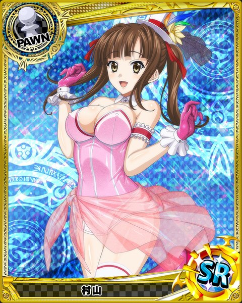 Anime picture 640x800 with highschool dxd murayama (high school dxd) single long hair tall image looking at viewer blush breasts open mouth light erotic brown hair twintails brown eyes card (medium) girl thighhighs dress gloves hat white thighhighs