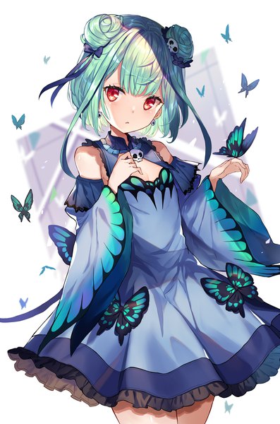 Anime picture 1126x1700 with virtual youtuber hololive uruha rushia uruha rushia (1st costume) abusoru single tall image looking at viewer fringe short hair red eyes cleavage green hair hair bun (hair buns) butterfly on hand girl dress hair ornament detached sleeves earrings