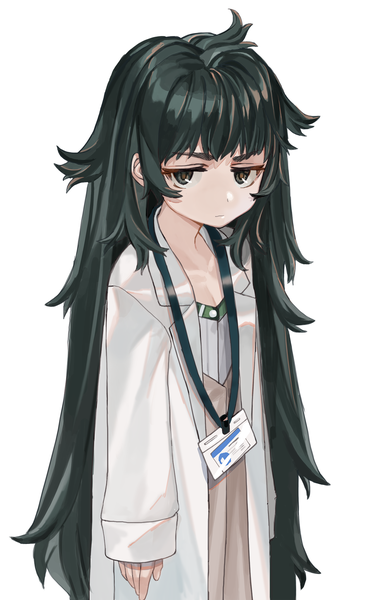 Anime picture 1285x2047 with steins;gate white fox hiyajou maho luicent single long hair tall image looking at viewer fringe simple background standing white background green eyes payot ahoge green hair sleeves past wrists girl id card labcoat