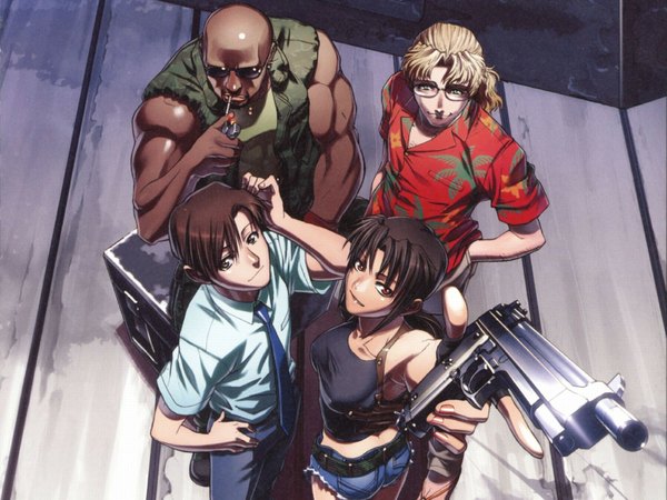 Anime picture 1600x1200 with black lagoon madhouse revy (black lagoon) okajima rokuro dutch (black lagoon) benny (black lagoon) tagme (artist) long hair looking at viewer short hair blonde hair red eyes brown hair sitting brown eyes from above grey eyes dark skin hand in pocket bald