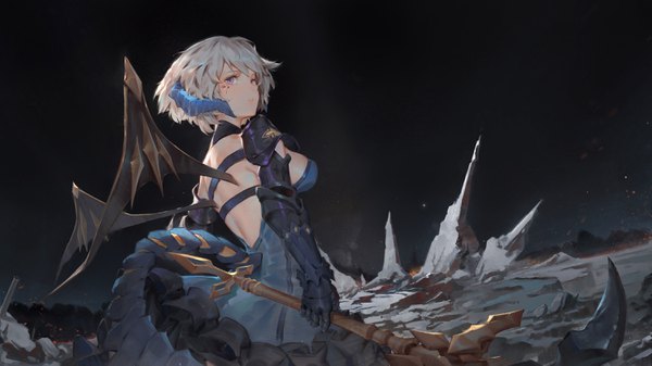Anime picture 3000x1687 with masterwork apocalypse toriumi harumi single looking at viewer fringe highres short hair breasts light erotic wide image standing purple eyes holding tail parted lips looking back horn (horns) grey hair from behind night