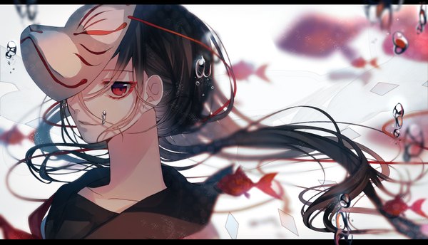 Anime picture 3000x1720 with original ume neko (otaku-nyanko) single long hair looking at viewer fringe highres black hair smile hair between eyes red eyes wide image partially submerged floating hair letterboxed eyeshadow makeup mask on head covering eye (eyes) swimming