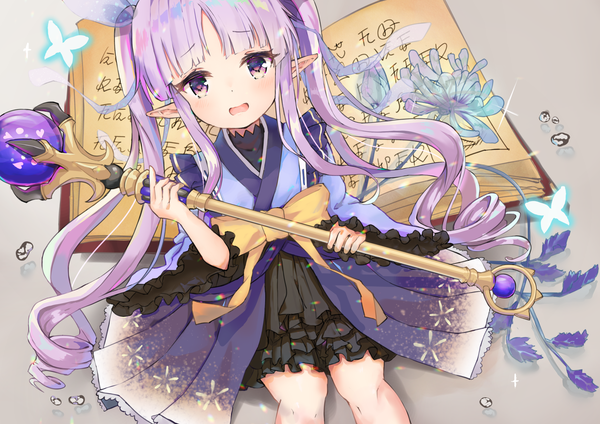 Anime picture 1771x1254 with princess connect! re:dive princess connect! kyouka (princess connect!) gaaratelier single long hair looking at viewer blush fringe highres open mouth sitting purple eyes holding payot purple hair blunt bangs traditional clothes japanese clothes multicolored hair