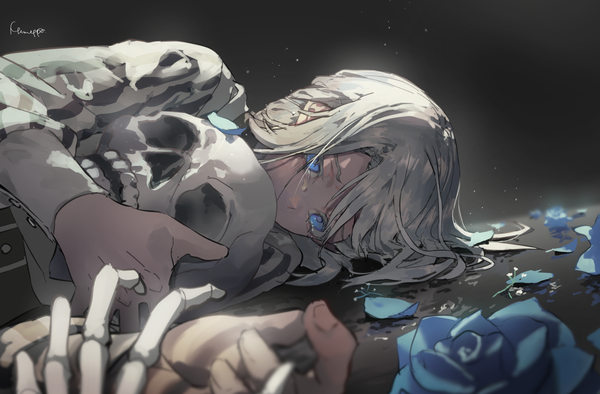 Anime picture 1820x1195 with original memeppo single long hair highres blue eyes silver hair lying tears on side covered mouth skeleton boy flower (flowers) petals rose (roses) skull blue rose