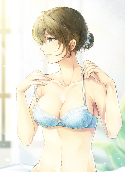 Anime picture 800x1100 with original mono lith single tall image blush fringe short hair breasts blue eyes light erotic hair between eyes brown hair looking away cleavage upper body braid (braids) profile sunlight hair bun (hair buns) underwear only