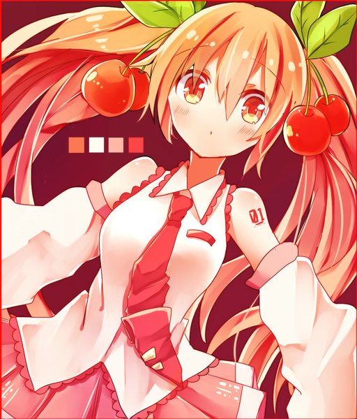 Anime picture 760x890 with vocaloid hatsune miku sakura miku asanagi kurumi (panda-doufu) single long hair tall image looking at viewer blush fringe hair between eyes red eyes twintails bare shoulders pink hair dutch angle purple background girl detached sleeves necktie