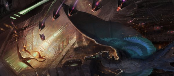 Anime picture 2000x883 with original pixiv fantasia yuuki youichi highres wide image city flying futuristic dragon laser