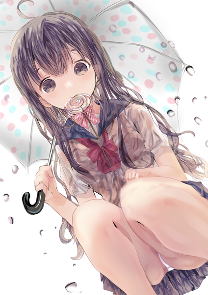 Anime picture 2727x3862 with original iijima masashi single long hair tall image looking at viewer fringe highres light erotic black hair simple background white background ahoge black eyes from below pantyshot wet clothes polka dot girl uniform