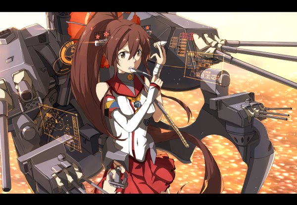 Anime picture 1300x902 with kantai collection yamato super battleship ido (teketeke) single long hair looking at viewer brown hair holding brown eyes ponytail mouth hold girl skirt hair ornament weapon detached sleeves