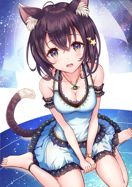 Anime picture 2549x3624 with original sakura ani single tall image looking at viewer blush fringe highres short hair breasts open mouth hair between eyes brown hair sitting brown eyes animal ears cleavage full body ahoge tail