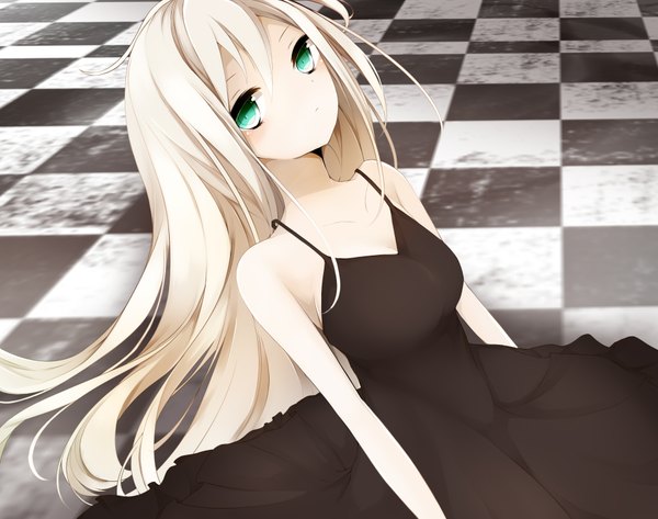 Anime picture 1900x1500 with vocaloid ia (vocaloid) yakaro (pokapoka0802) single long hair looking at viewer blush fringe highres bare shoulders green eyes white hair pale skin checkered floor floor girl dress black dress
