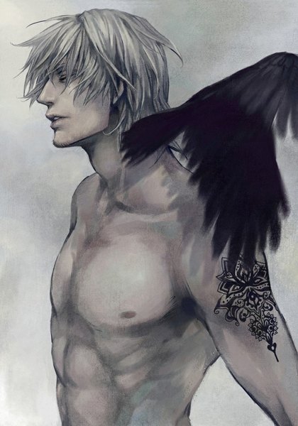 Anime picture 700x1000 with original shibue single tall image short hair open mouth simple background eyes closed profile grey hair tattoo topless muscle shirtless boy animal bird (birds) crow