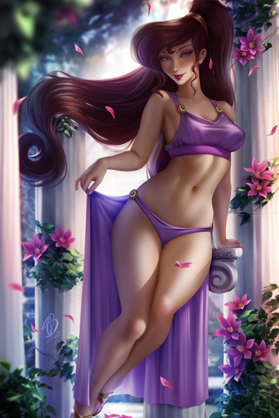 Anime picture 3000x4500 with hercules (disney) disney megara (disney) olchas single long hair tall image looking at viewer fringe highres breasts light erotic smile brown hair sitting purple eyes signed payot outdoors ponytail
