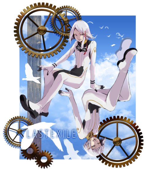 Anime picture 1256x1500 with last exile gonzo dio eracles locon tall image short hair open mouth sky silver hair cloud (clouds) white hair braid (braids) eyeshadow framed dual persona boy animal bird (birds) goggles pilot suit