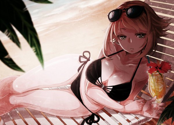 Anime picture 1031x744 with kantai collection mutsu battleship rindo8 (rindo7) single looking at viewer fringe short hair breasts light erotic brown hair large breasts bare shoulders holding green eyes sunlight bare legs bare belly beach reclining sunglasses on head